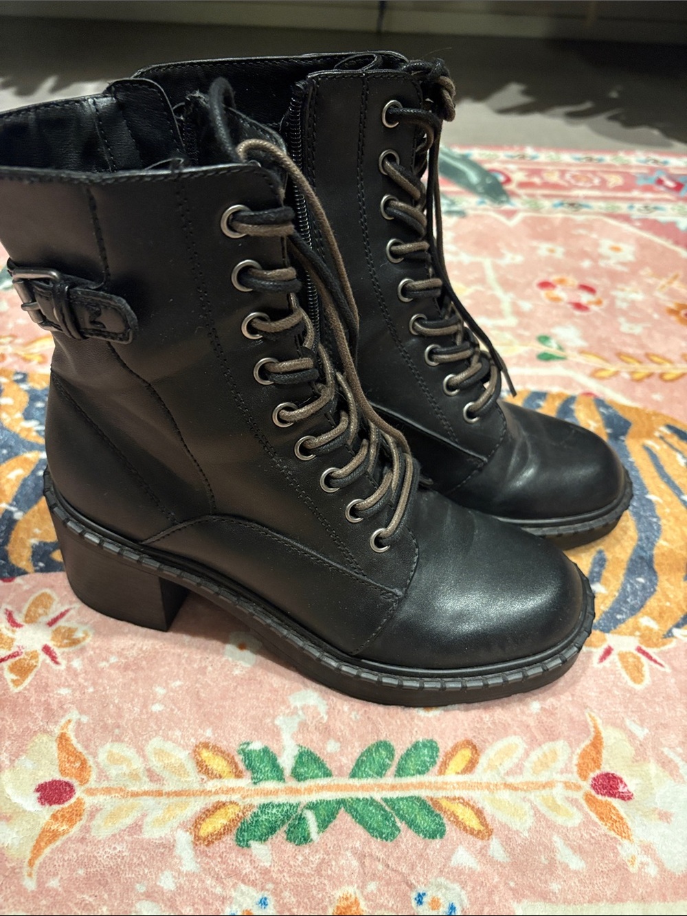 Zodiac Black Lace-Up Heeled Combat Boots